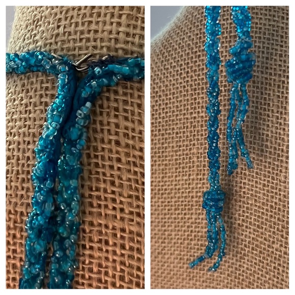 Scala Turquoise Blue Beaded Halter Neck Double Split Formal Gown - Picture 14 of 16